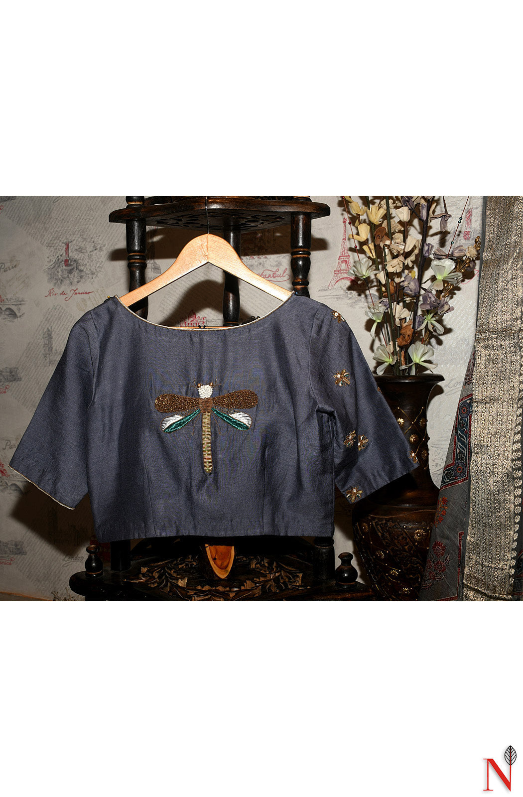 Steel Grey Pure Moonga Hand Embroidered Designer Blouse - Naksheband