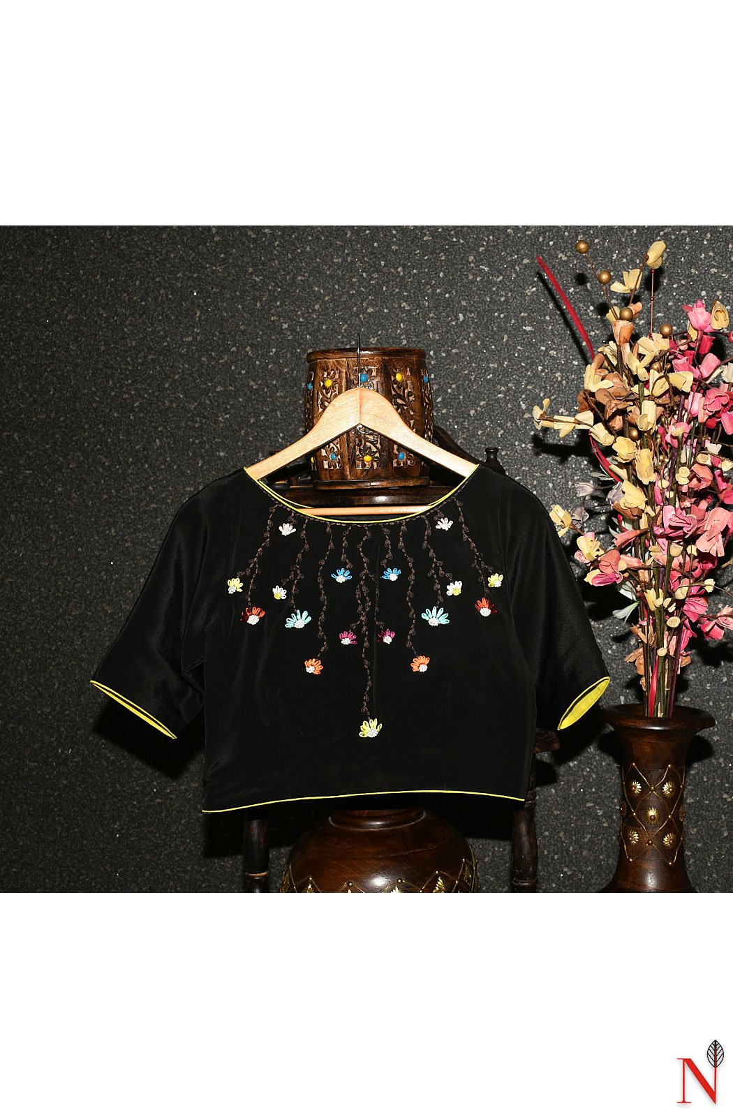 Black Pure Crepe Hand Embroidered Designer Blouse - Naksheband