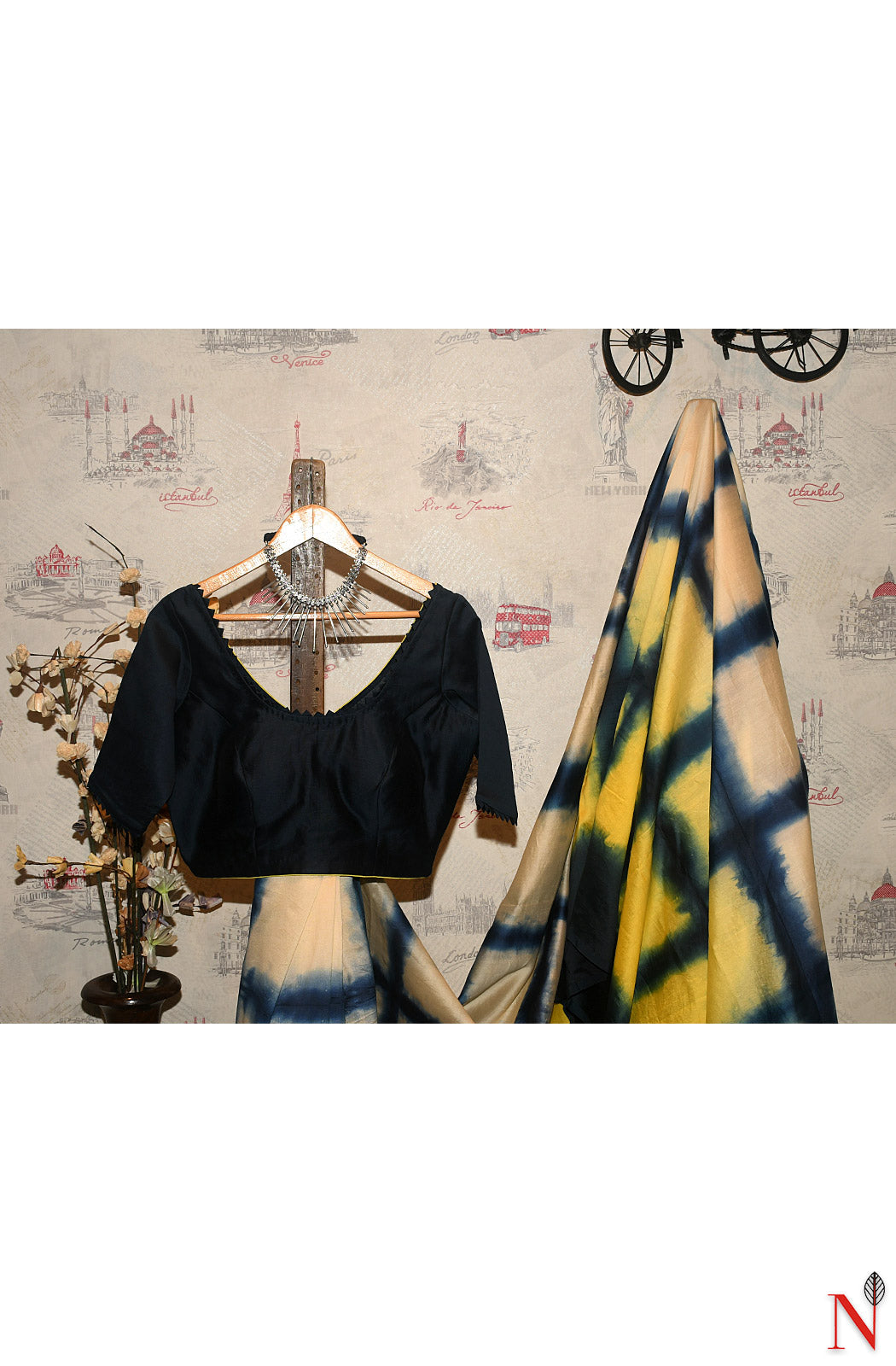 Navy Blue Pure Silk Chanderi Hand Embroidered Designer Blouse - Naksheband