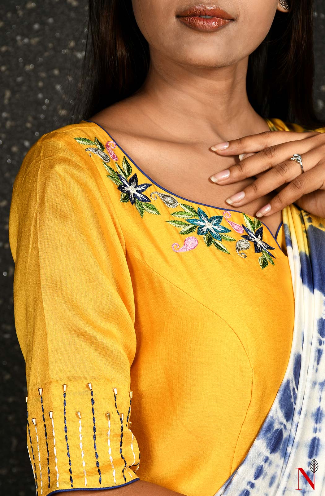 Yellow Pure Silk Chanderi Hand Embroidered Designer Blouse - Naksheband