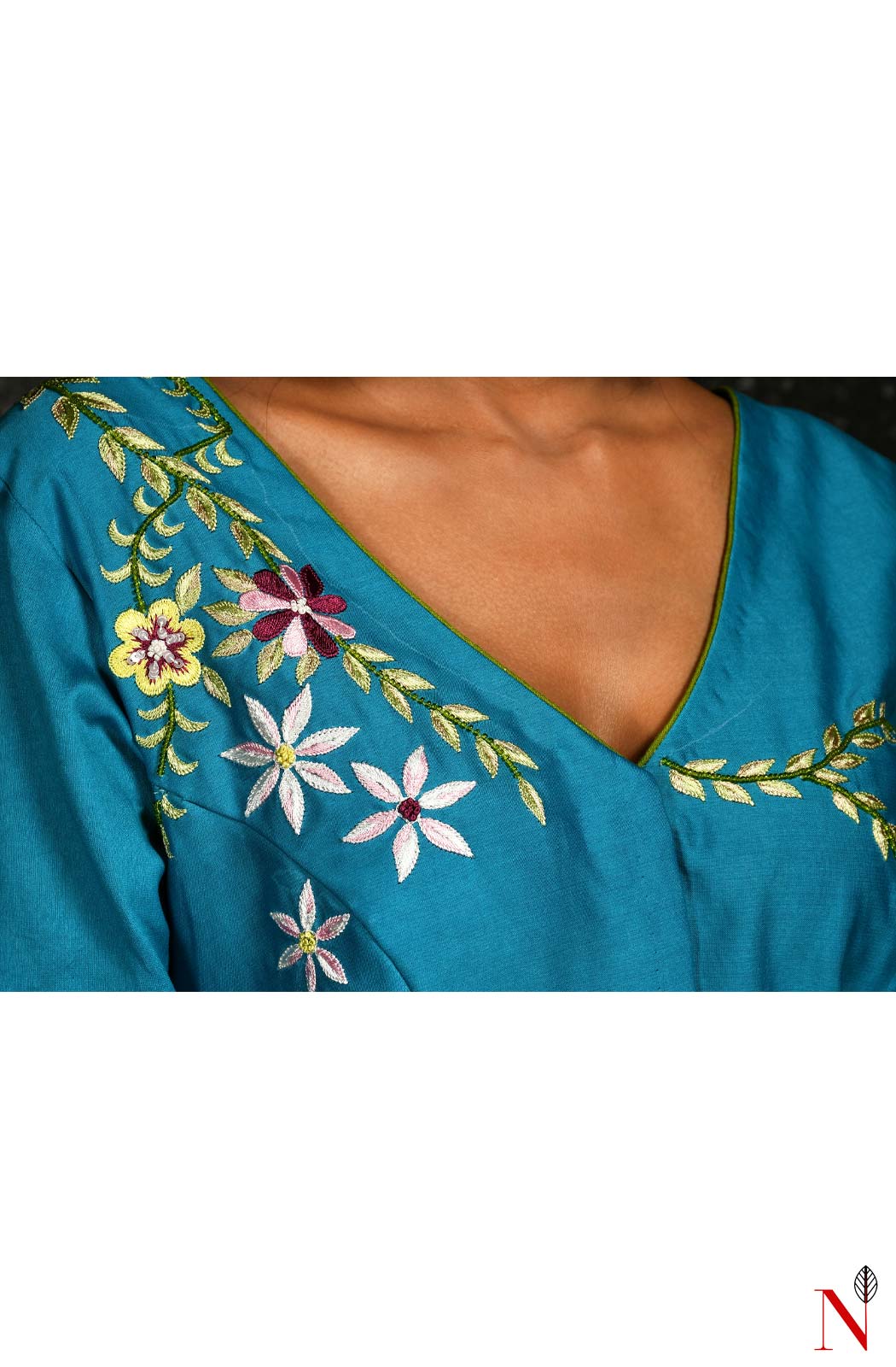 Firozi Pure Silk Chanderi Hand Embroidered Designer Blouse - Naksheband