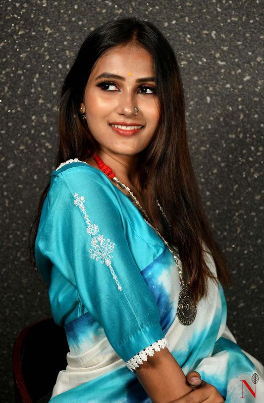 Sky Blue Pure Silk Chanderi Hand Embroidered Designer Blouse - Naksheband