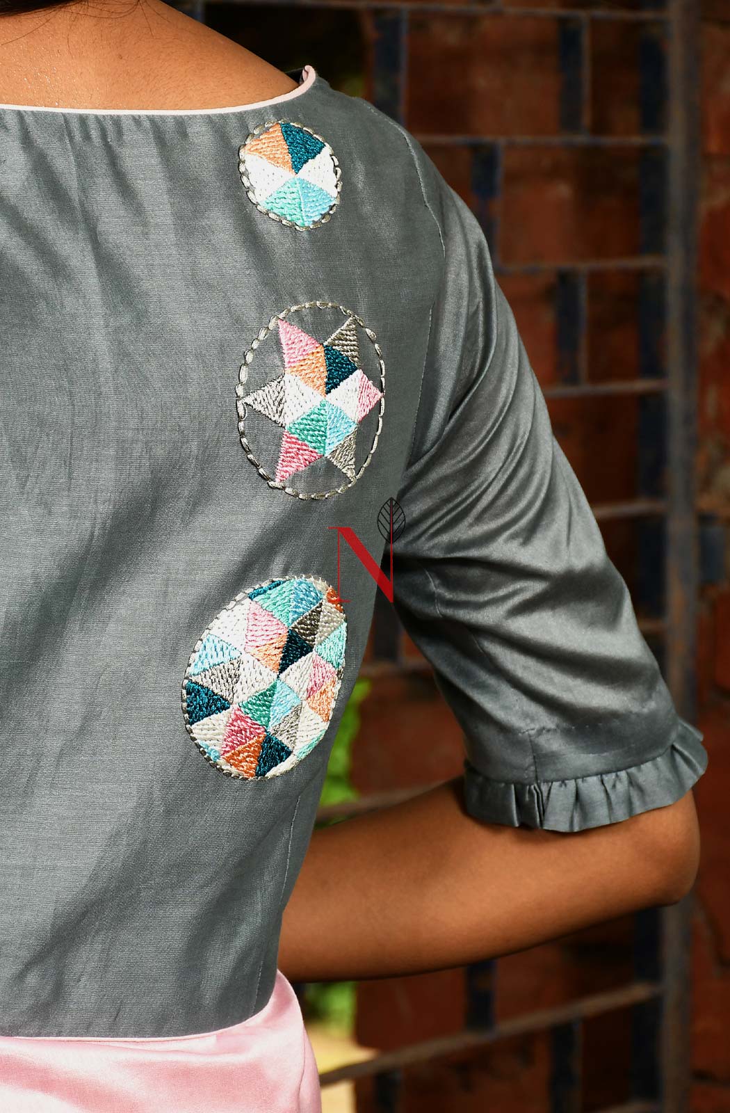 Grey Pure Silk Chanderi Hand Embroidered Designer Blouse - Naksheband