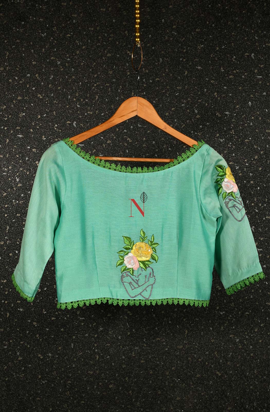 Sea Green Pure Silk Chanderi Hand Embroidered Designer Blouse - Naksheband