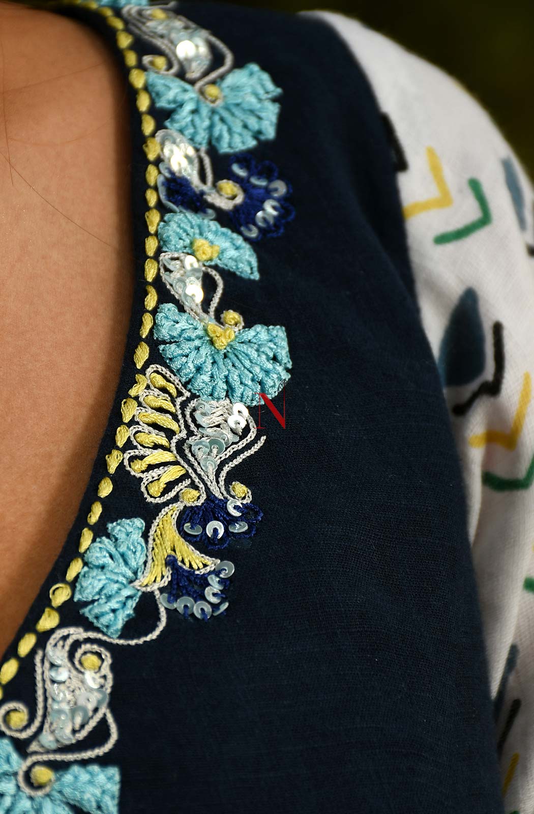 Navy Blue & White Pure Silk Chanderi Hand Embroidered Designer Blouse - Naksheband