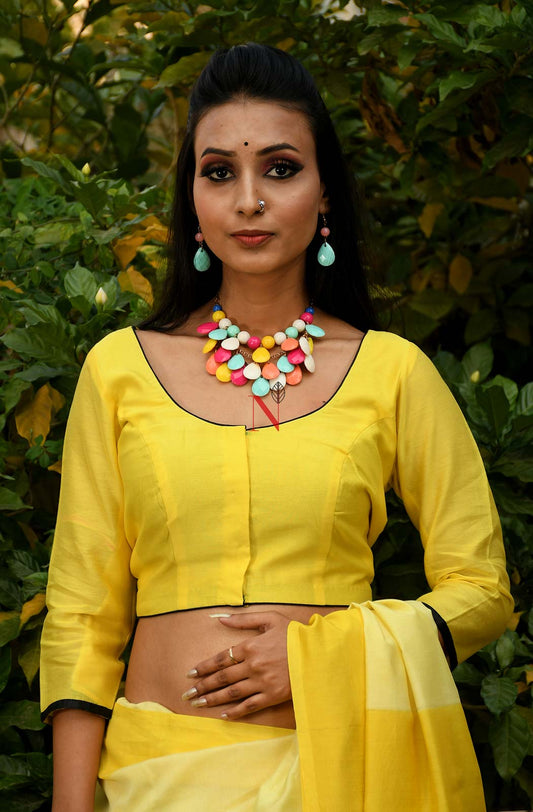 Yellow Pure Silk Chanderi Hand Embroidered Designer Blouse - Naksheband