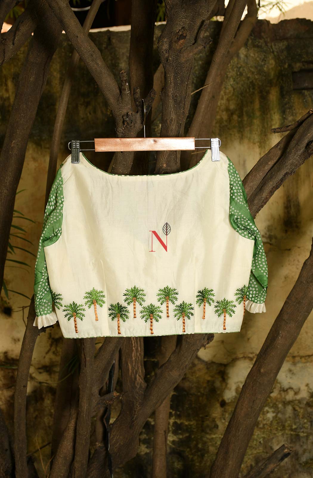 Cream & Green Pure Silk Chanderi Hand Embroidered Designer Blouse - Naksheband