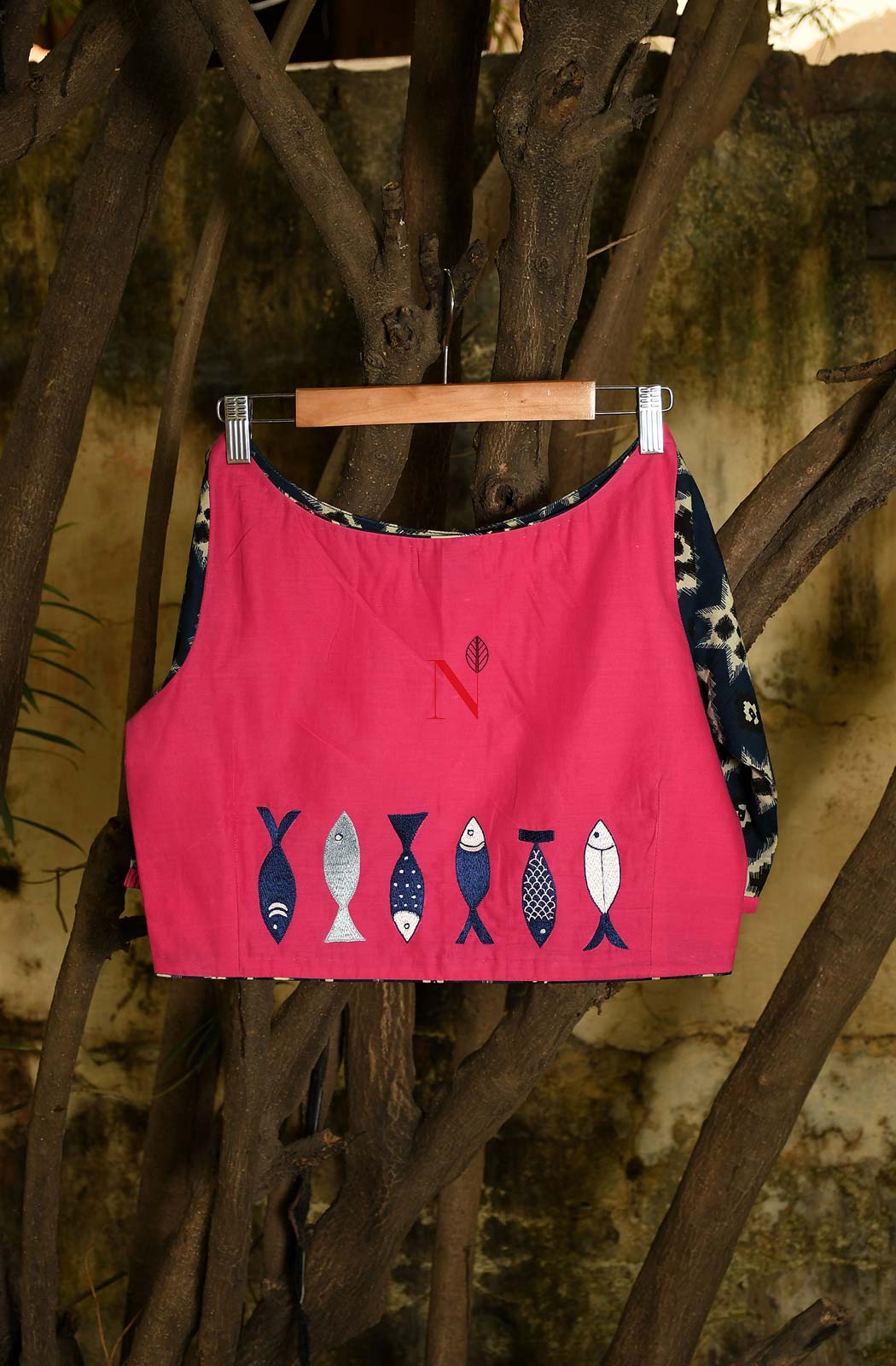 Pink & Blue Pure Silk Chanderi Hand Embroidered Designer Blouse - Naksheband