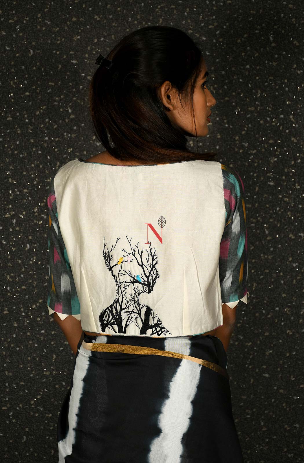 Cream & Grey Pure Silk Chanderi Hand Embroidered Designer Blouse - Naksheband