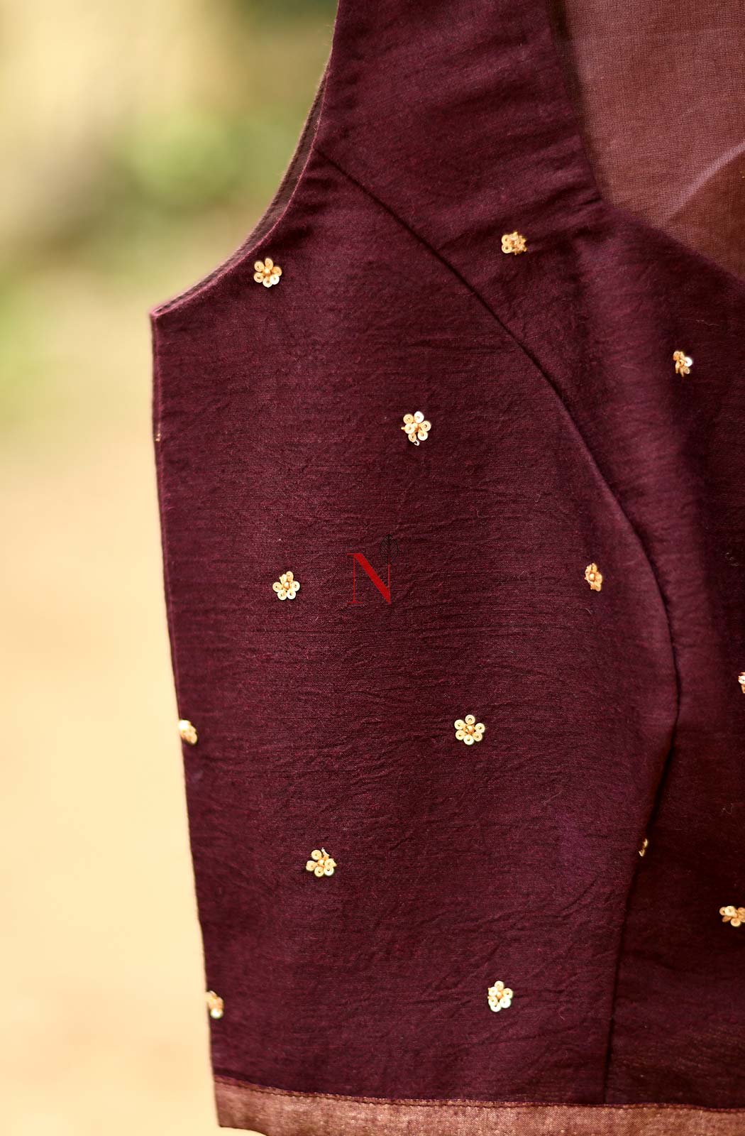 Wine Pure Muga Silk Hand Embroidered Designer Blouse - Naksheband