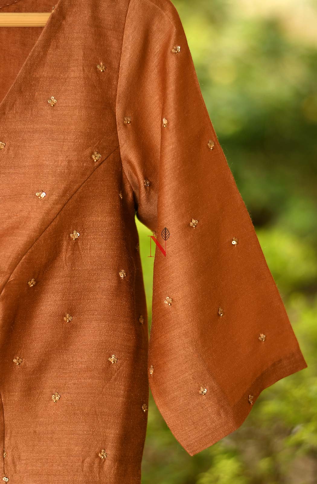 Brown Pure Muga Silk Hand Embroidered Designer Blouse - Naksheband