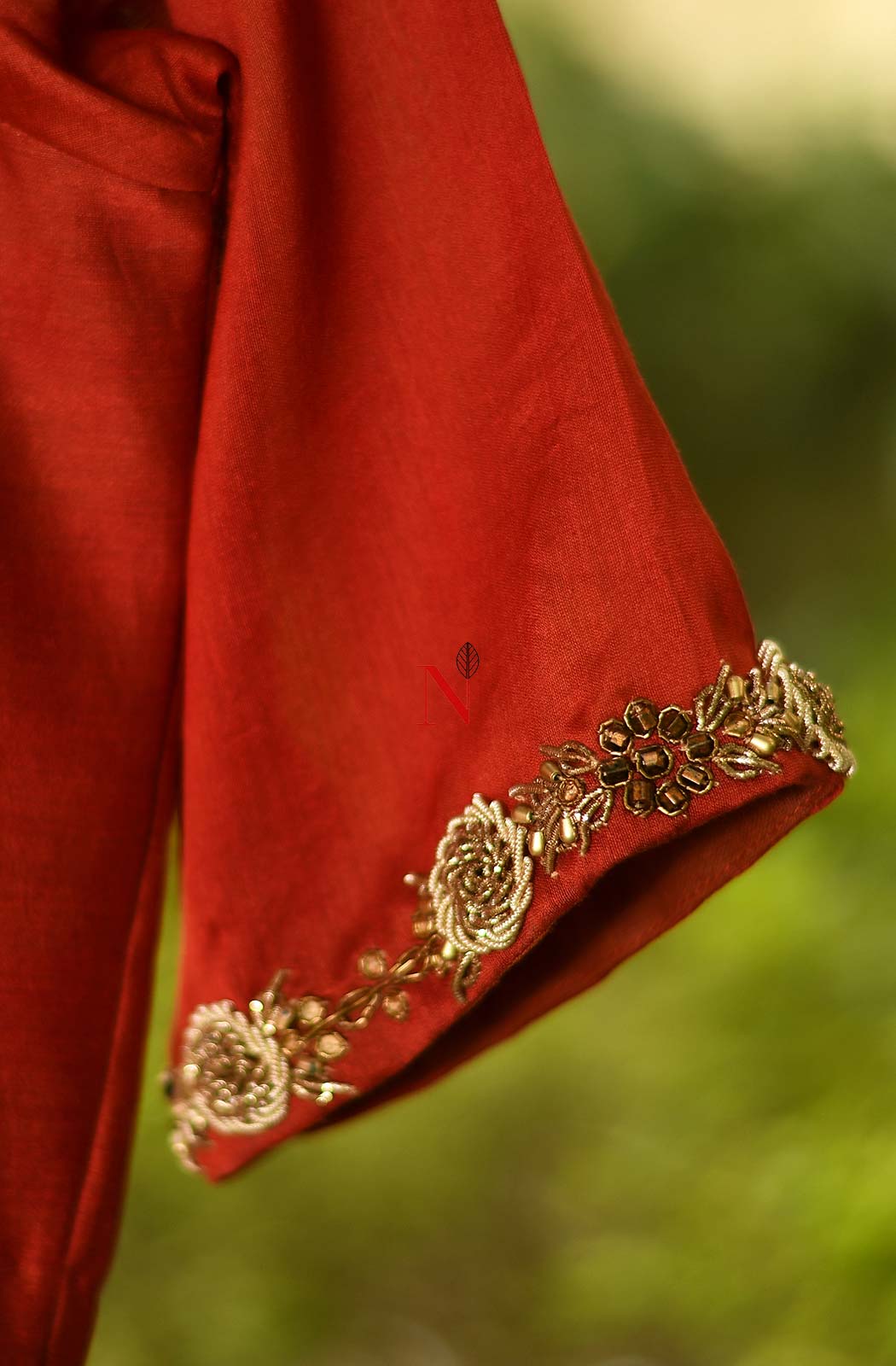 Rust Pure Silk Chanderi Hand Embroidered Designer Blouse - Naksheband