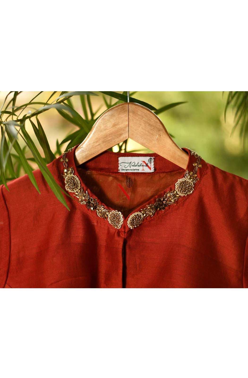 Rust Pure Silk Chanderi Hand Embroidered Designer Blouse - Naksheband