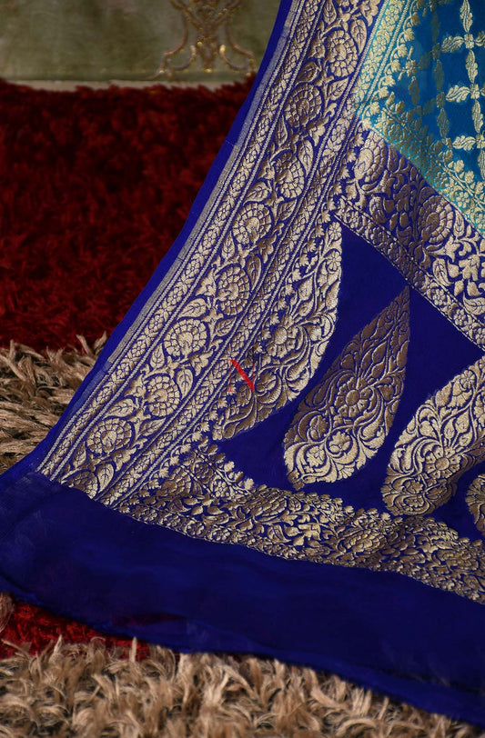 Teal Blue & Blue Pure Banarasi Georgette Khaddi Dupatta - Naksheband