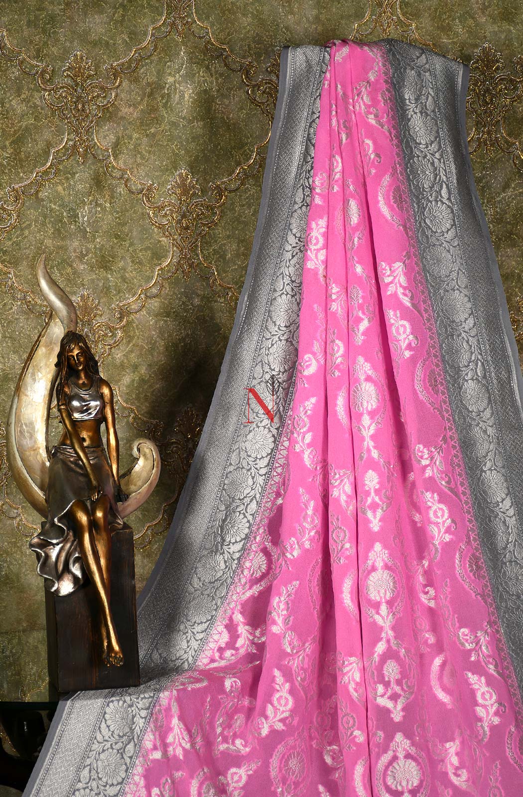 Pink & Grey Pure Banarasi Georgette Khaddi Dupatta