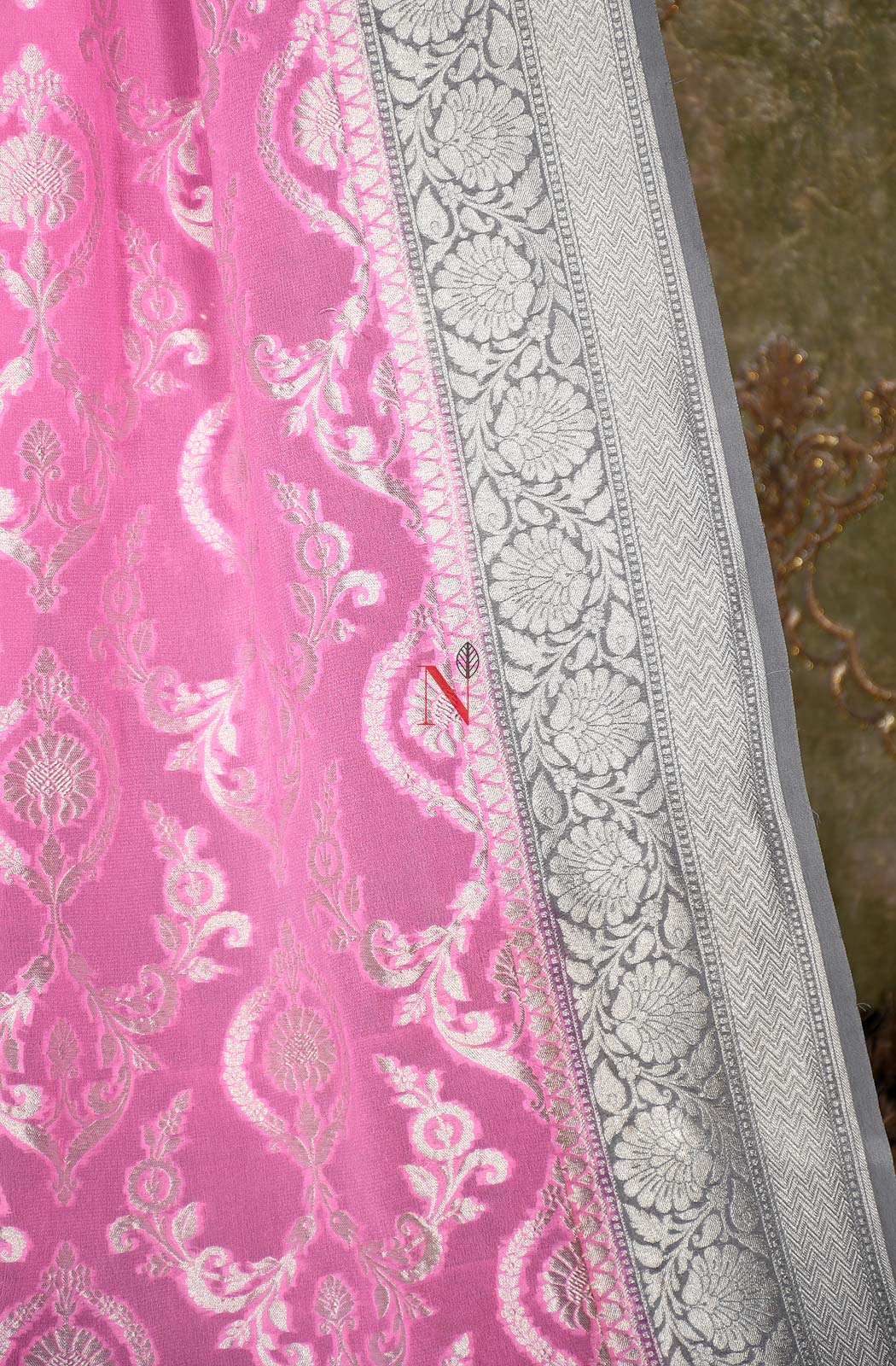 Pink & Grey Pure Banarasi Georgette Khaddi Dupatta