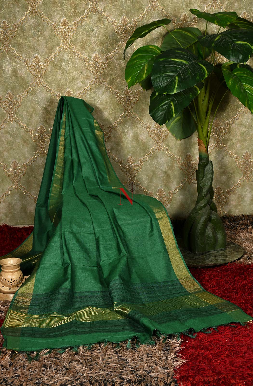Bottle Green Pure Muga Silk Dupatta - Naksheband