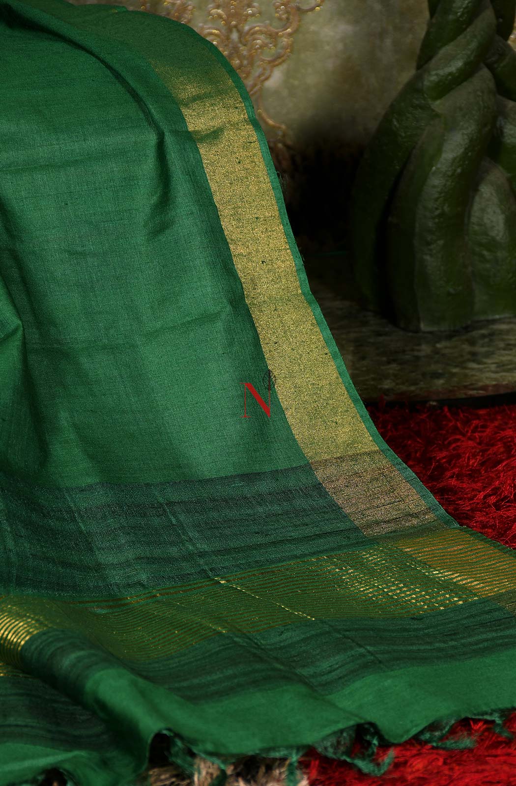 Bottle Green Pure Muga Silk Dupatta - Naksheband
