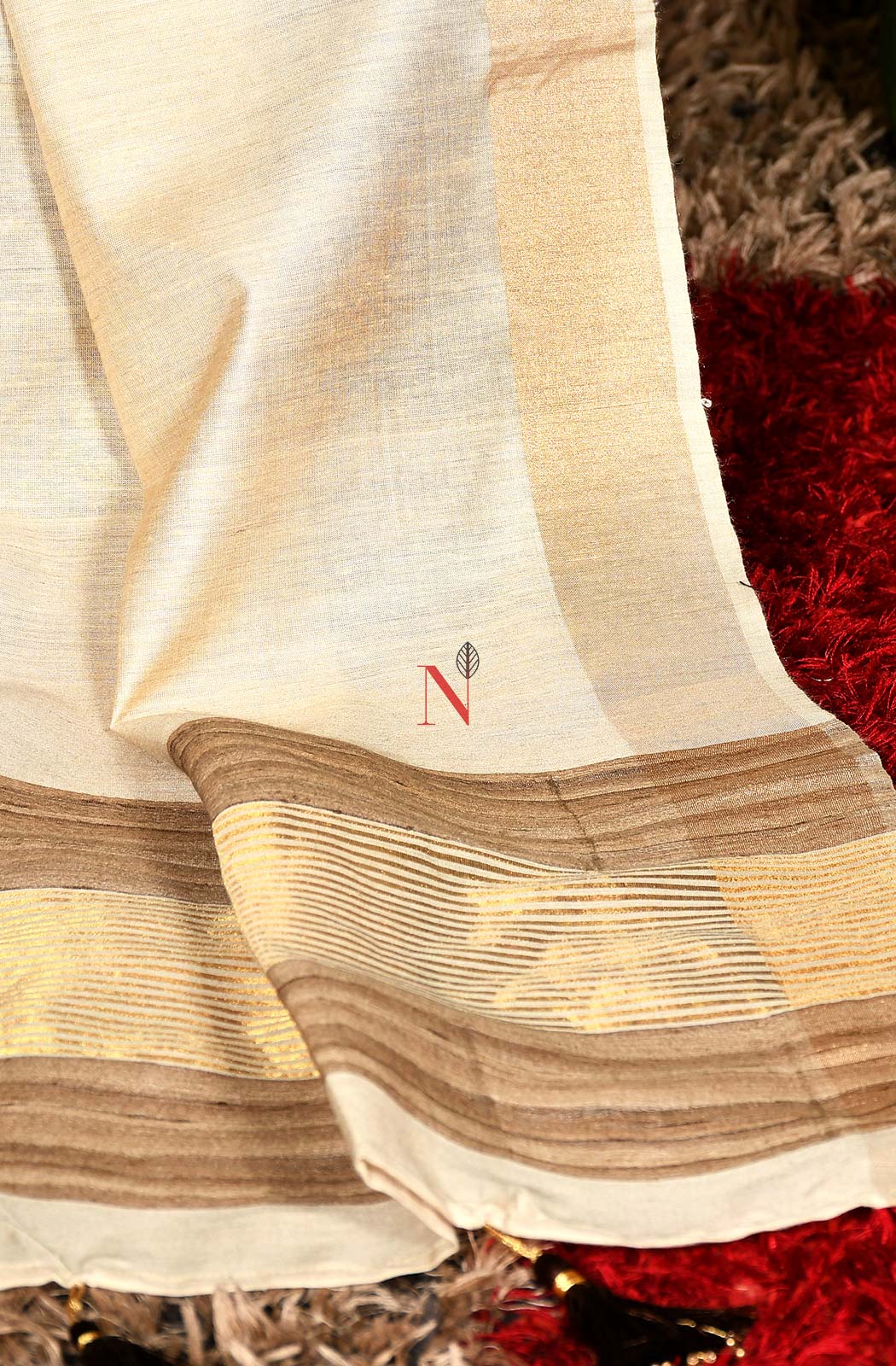 Cream Pure Muga Silk Dupatta - Naksheband