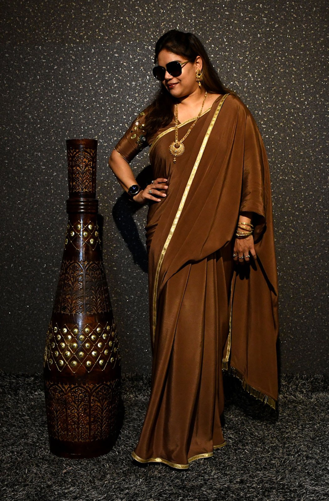 Brown Color Pure Crepe Designer Saree - Mocha - Naksheband