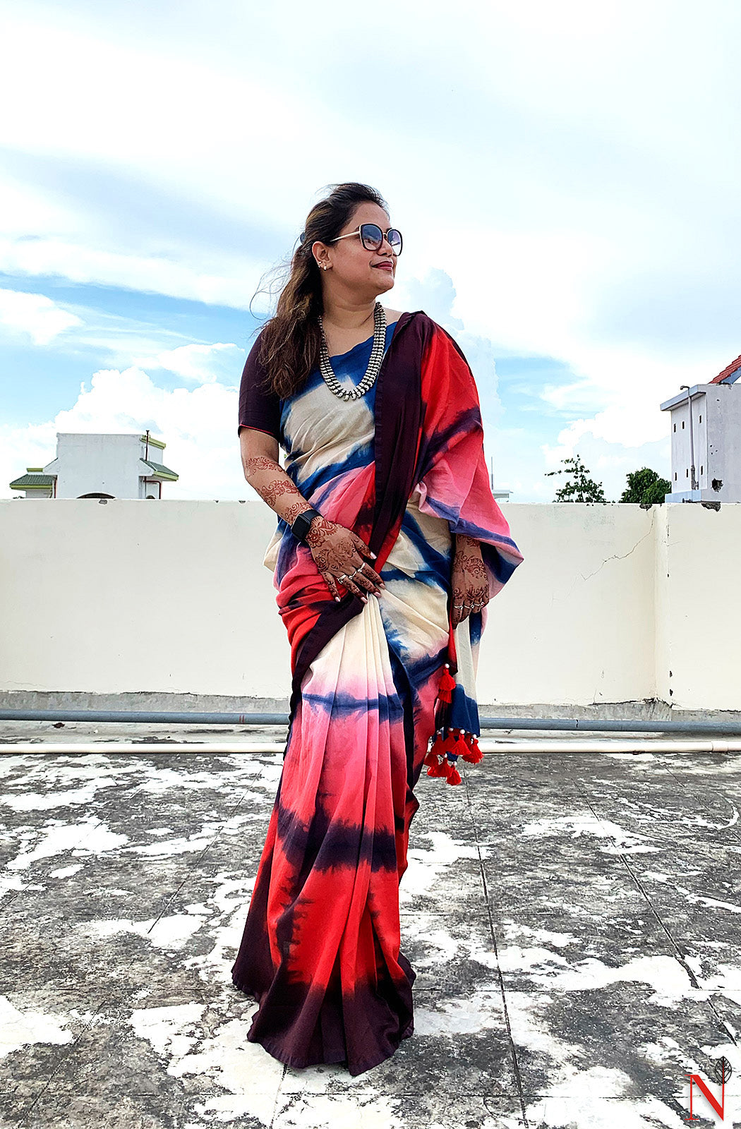 Navy Blue, Beige and Red Pure Silk Chanderi Saree - Shibori - Naksheband