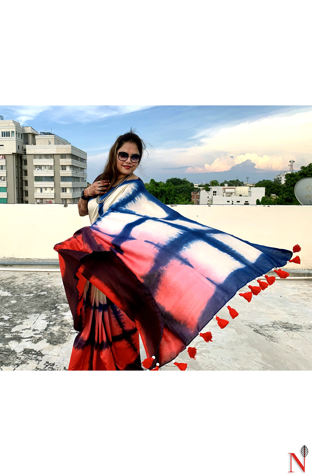 Navy Blue, Beige and Red Pure Silk Chanderi Saree - Shibori - Naksheband