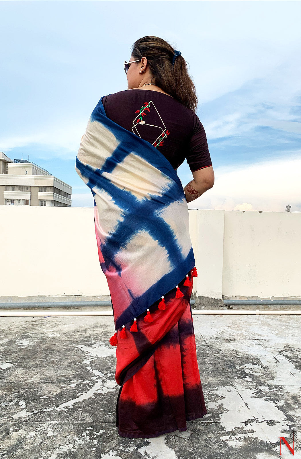Navy Blue, Beige and Red Pure Silk Chanderi Saree - Shibori - Naksheband