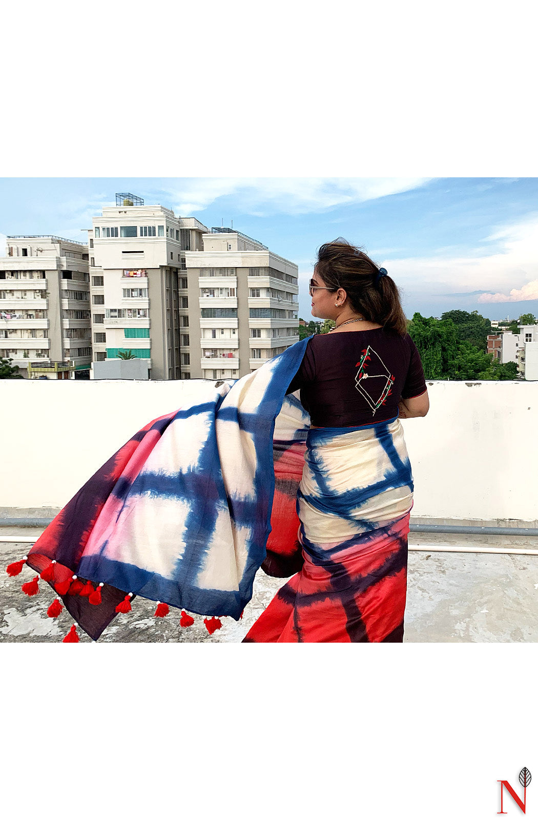 Navy Blue, Beige and Red Pure Silk Chanderi Saree - Shibori - Naksheband