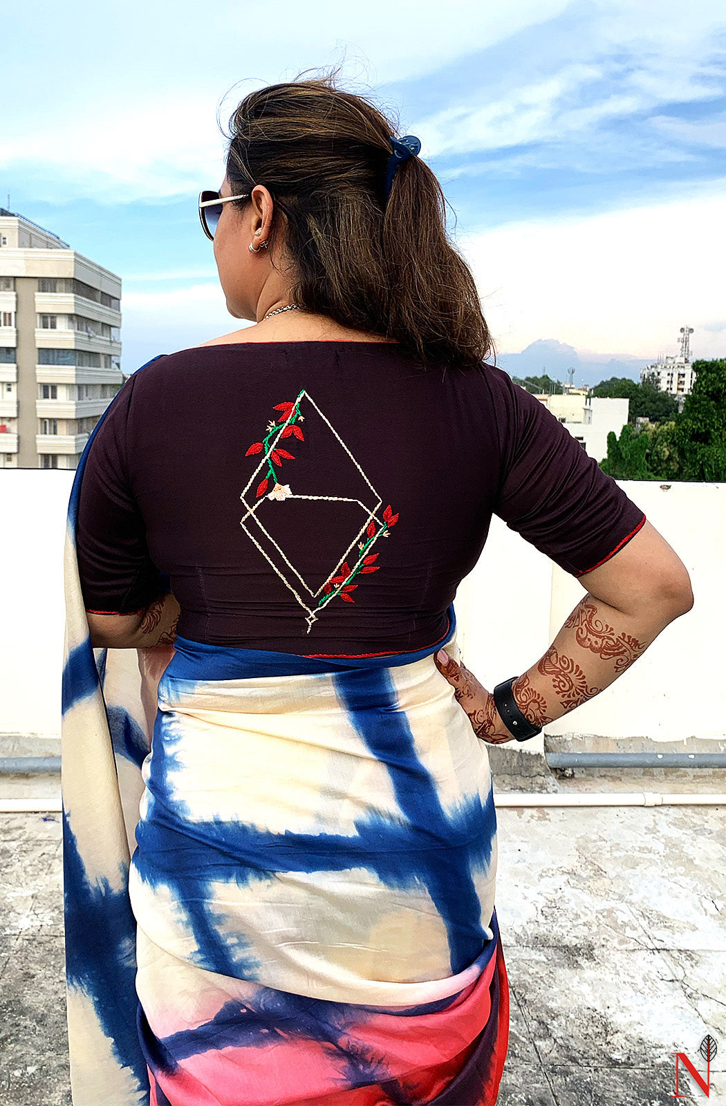 Navy Blue, Beige and Red Pure Silk Chanderi Saree - Shibori - Naksheband