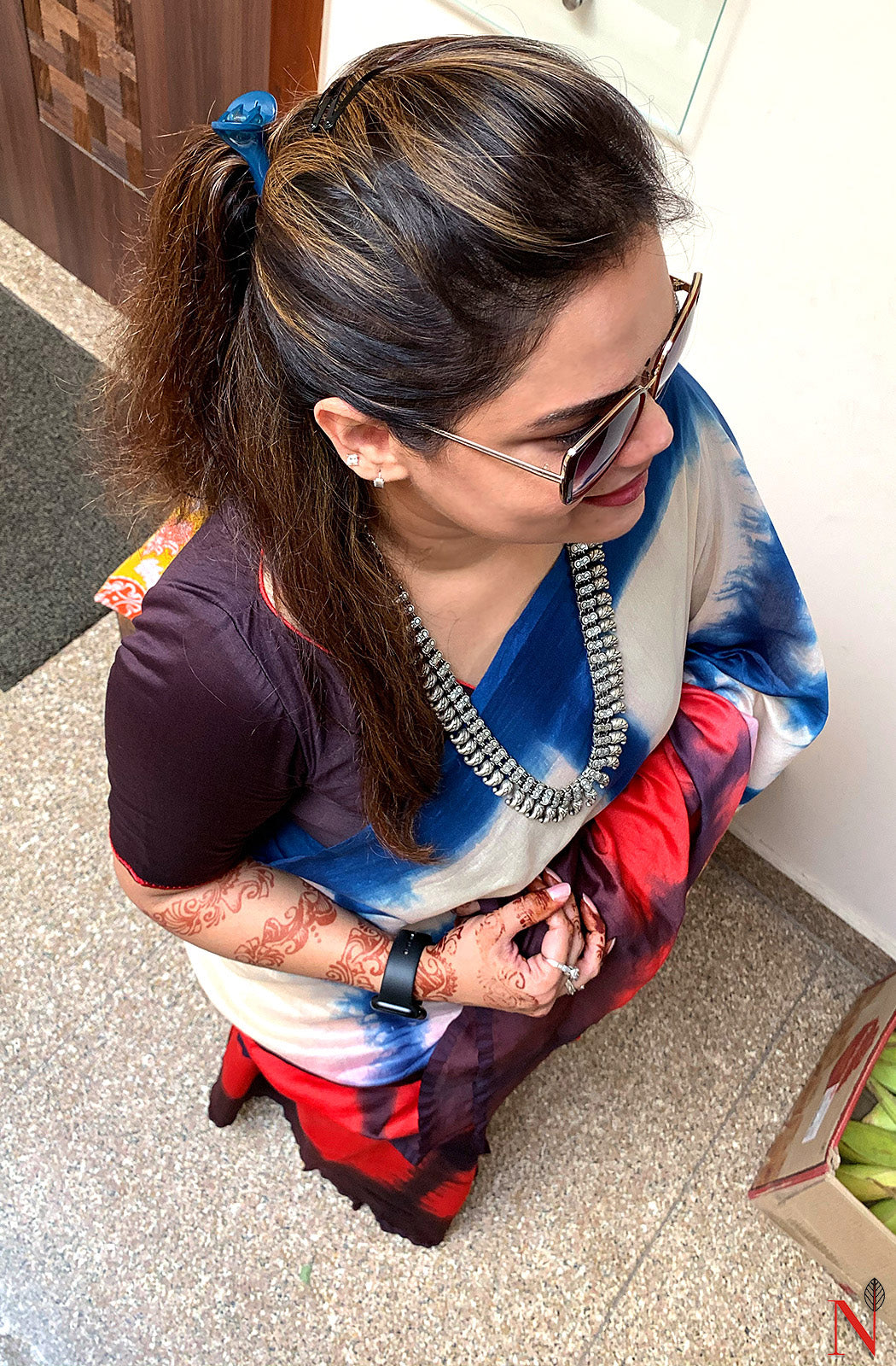 Navy Blue, Beige and Red Pure Silk Chanderi Saree - Shibori - Naksheband