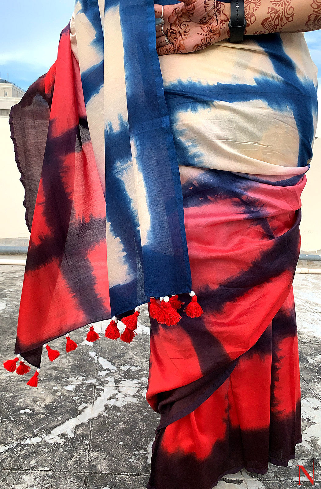 Navy Blue, Beige and Red Pure Silk Chanderi Saree - Shibori