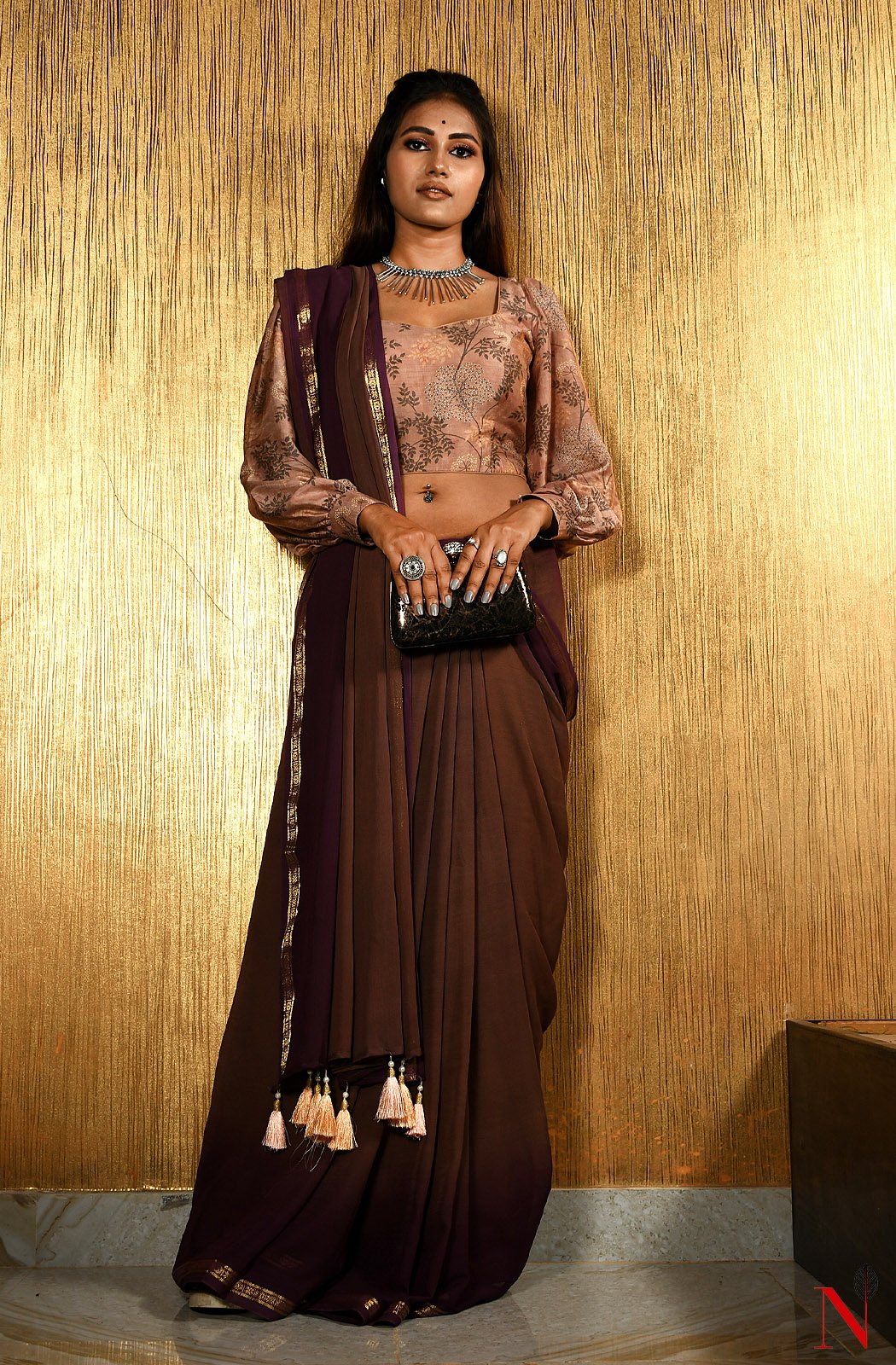 Brown & Wine Pure Georgette Saree - Naksheband
