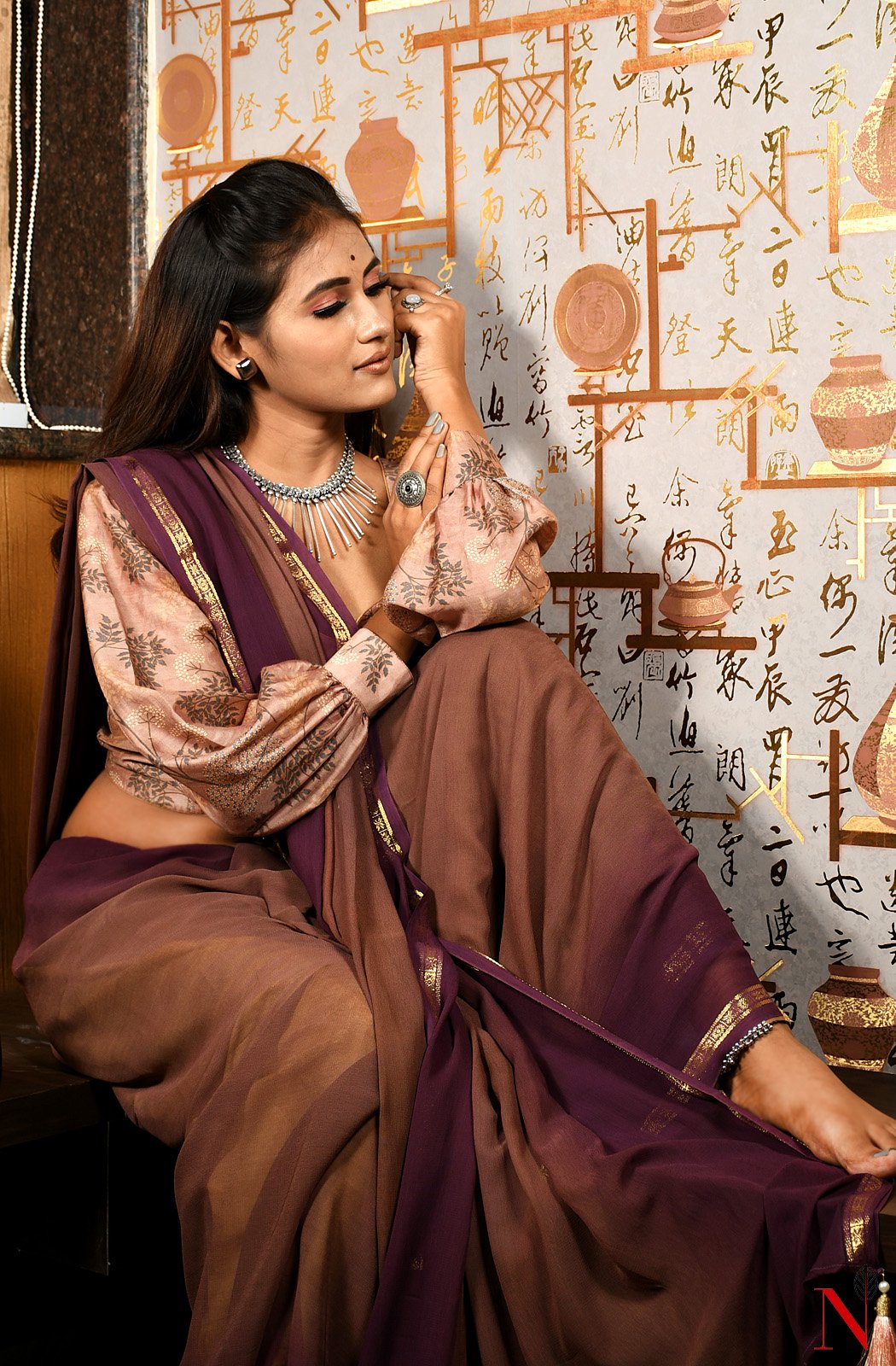Brown & Wine Pure Georgette Saree - Naksheband