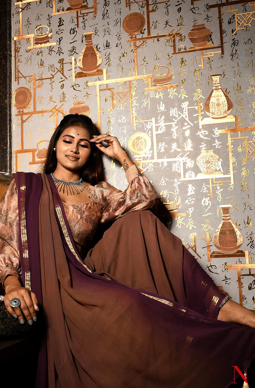Brown & Wine Pure Georgette Saree - Naksheband