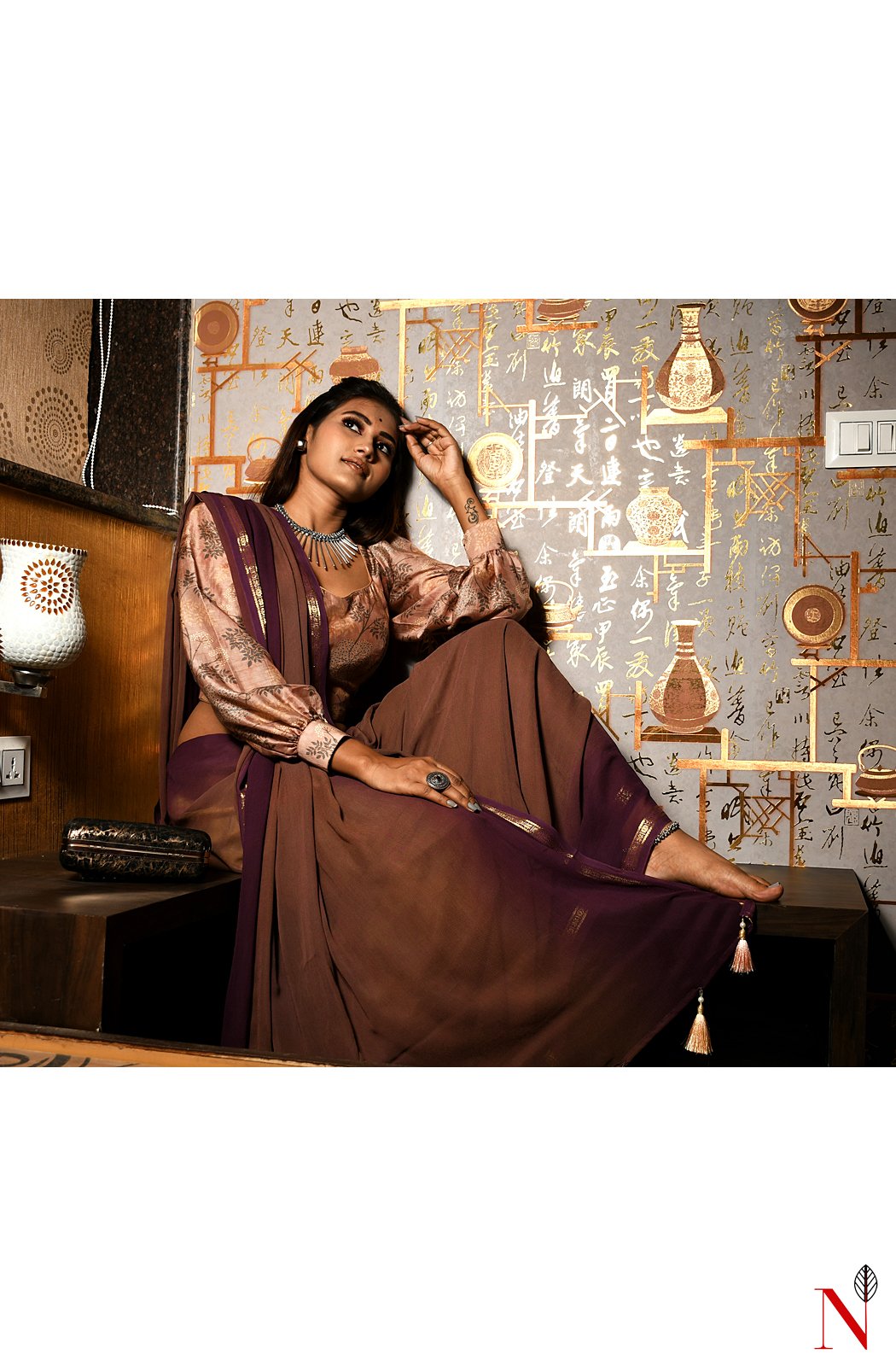 Brown & Wine Pure Georgette Saree - Naksheband