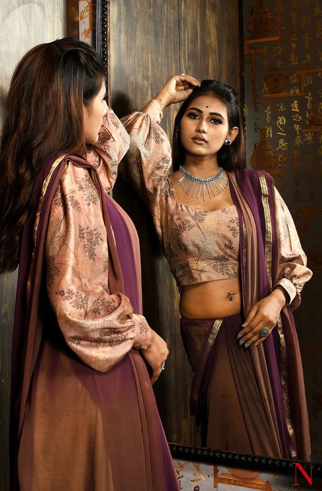 Brown & Wine Pure Georgette Saree - Naksheband