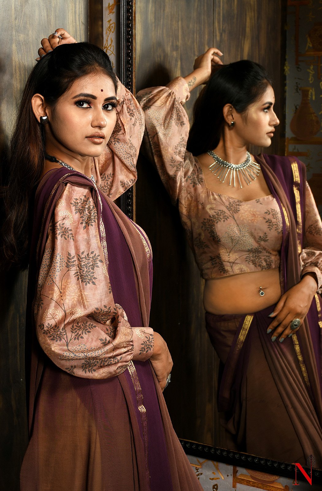 Brown & Wine Pure Georgette Saree - Naksheband