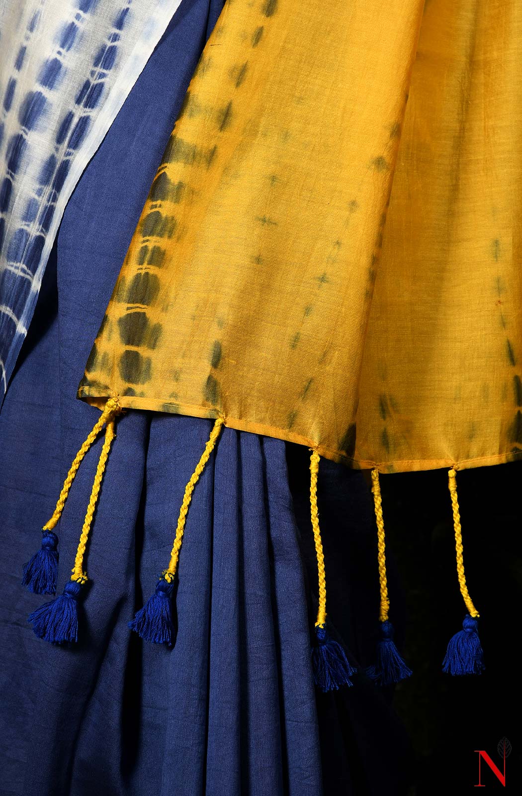 Blue, Yellow & White Pure Silk Chanderi Saree - Shibori