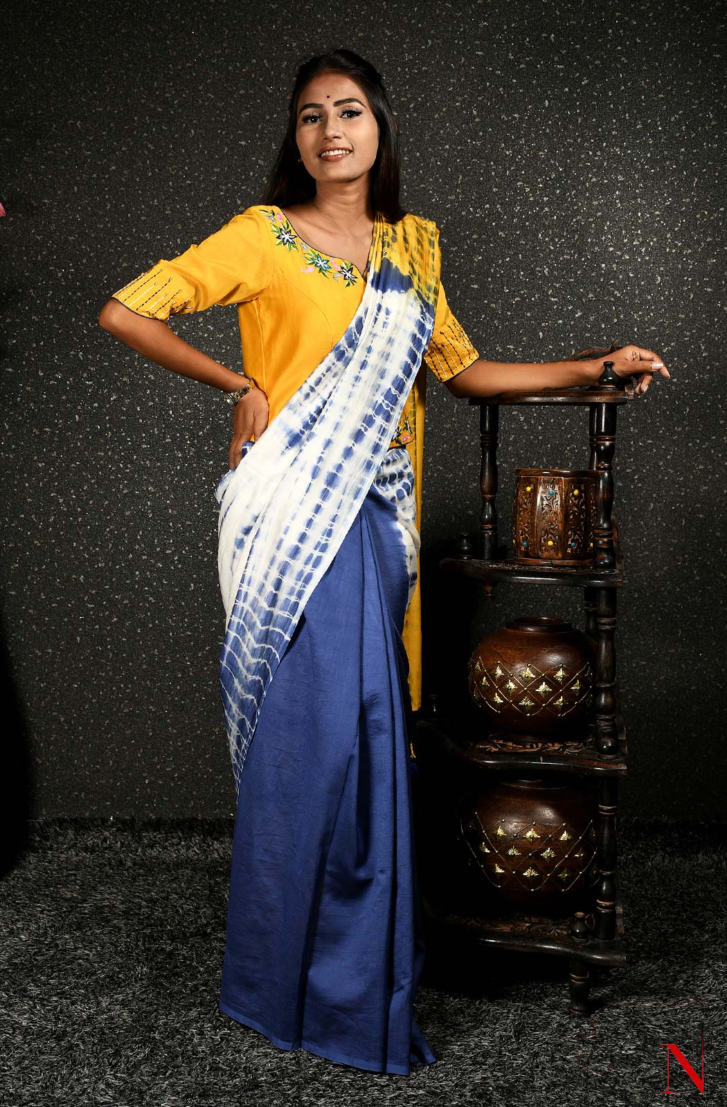 Blue, Yellow & White Pure Silk Chanderi Saree - Shibori