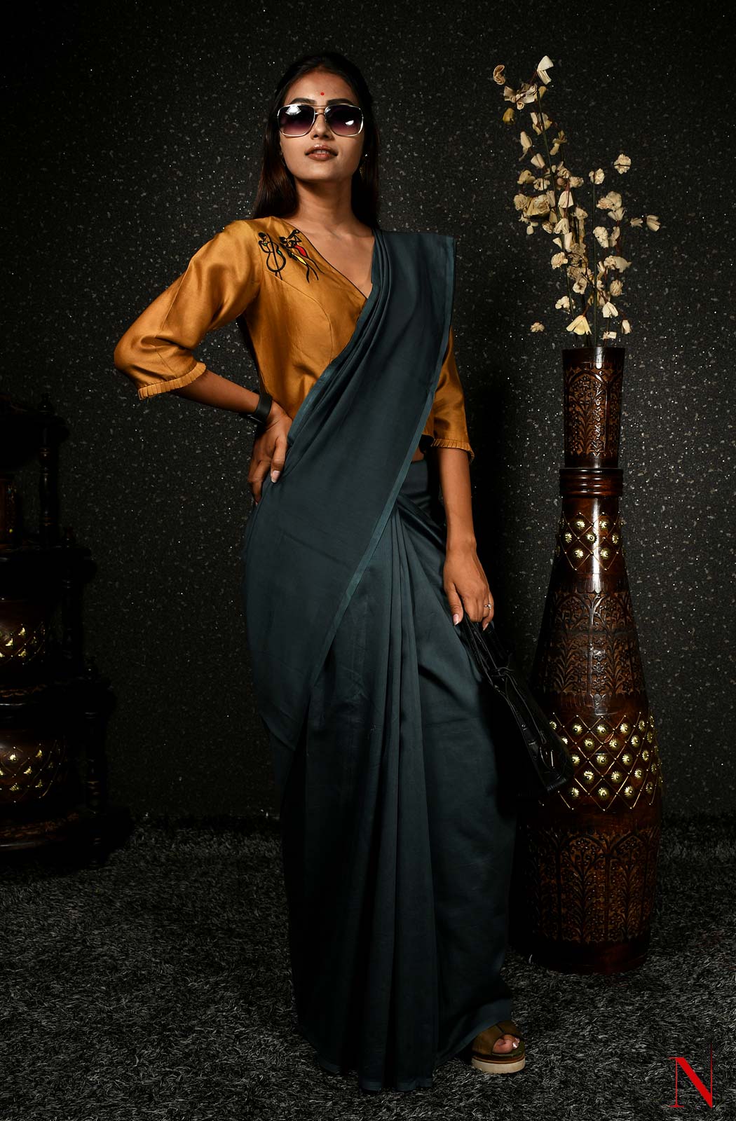 Dark Grey Pure Silk Chanderi Saree - Naksheband