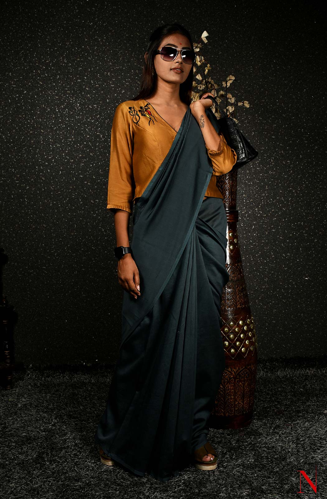 Dark Grey Pure Silk Chanderi Saree - Naksheband
