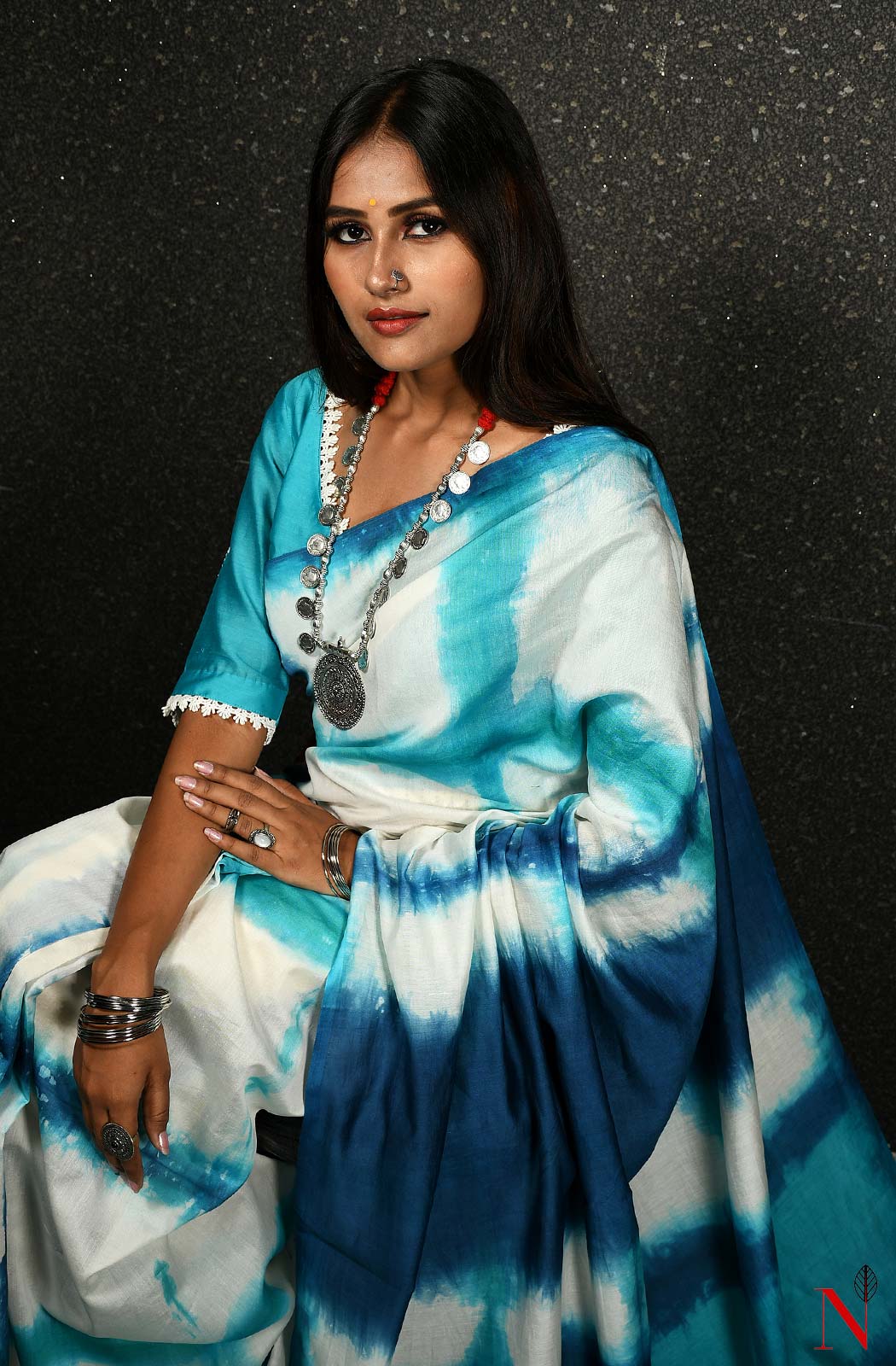 White & Blue Pure Silk Chanderi Saree - Shibori - Naksheband