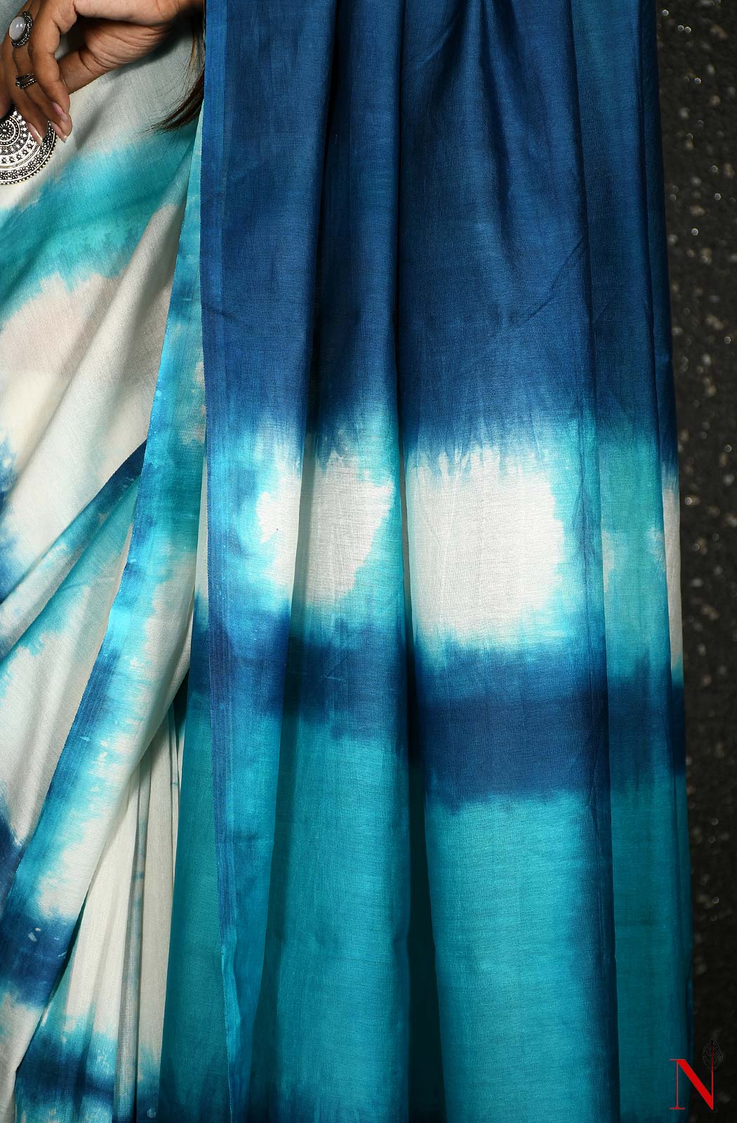 White & Blue Pure Silk Chanderi Saree - Shibori - Naksheband