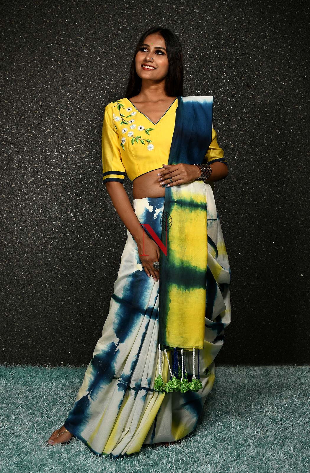 Cream, Yellow & Blue Pure Silk Chanderi Saree - Shibori - Naksheband
