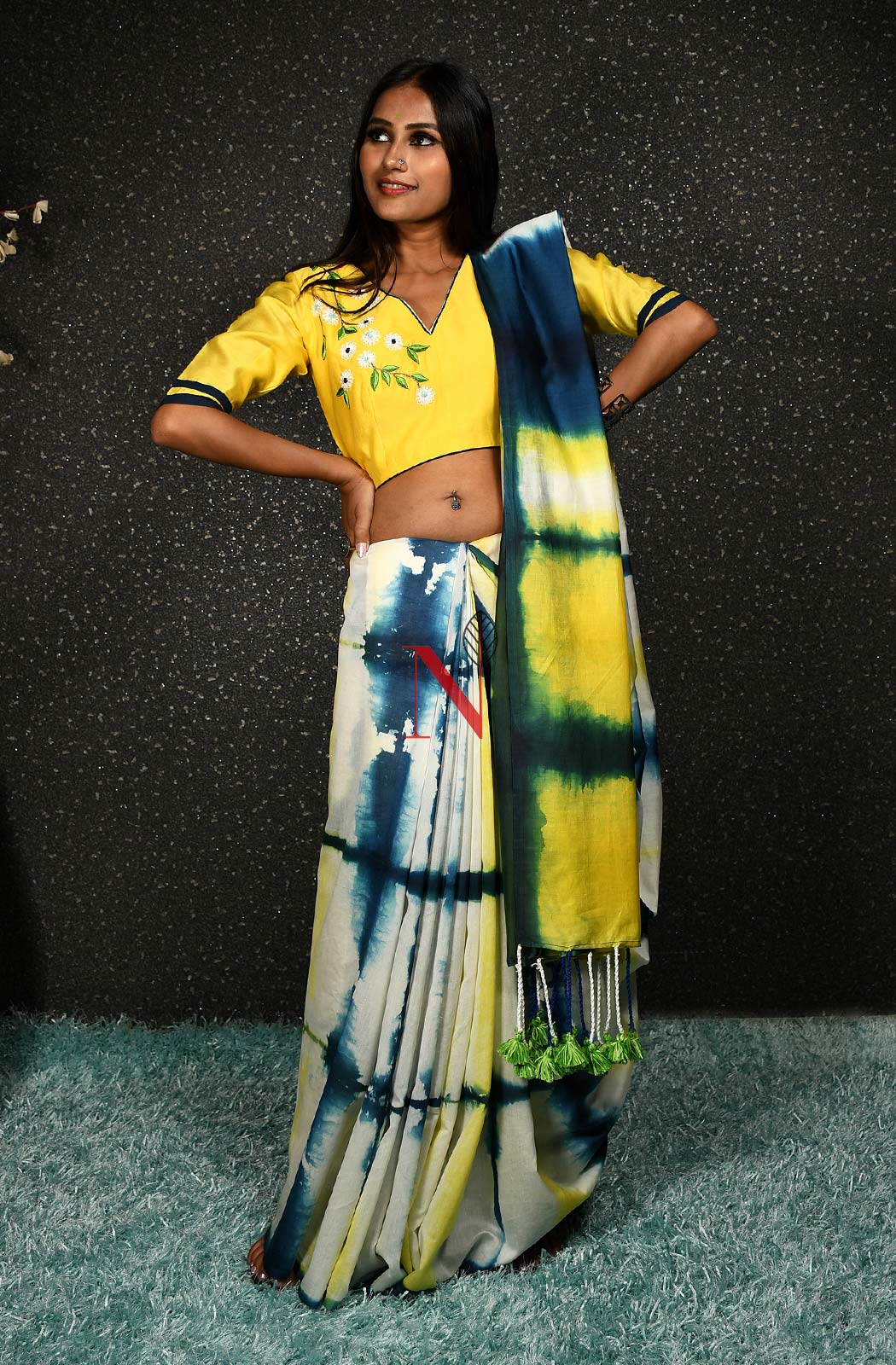 Cream, Yellow & Blue Pure Silk Chanderi Saree - Shibori
