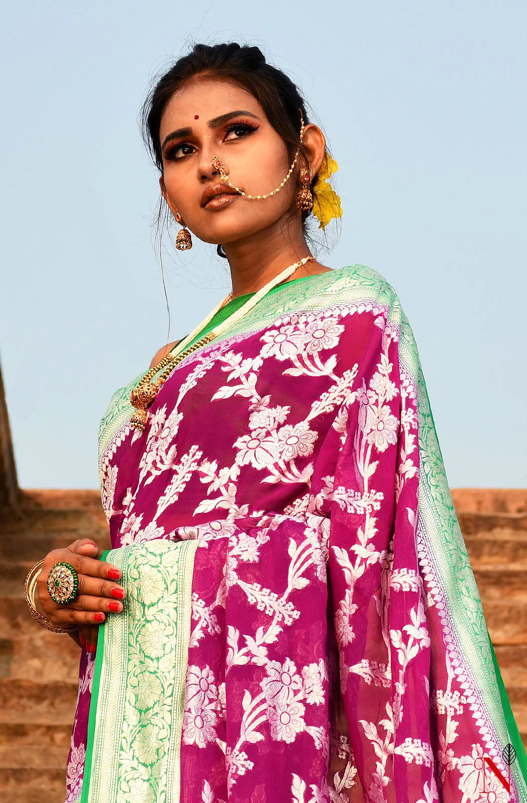 Magenta & Green Pure Banarasi Khaddi Georgette Saree - Naksheband