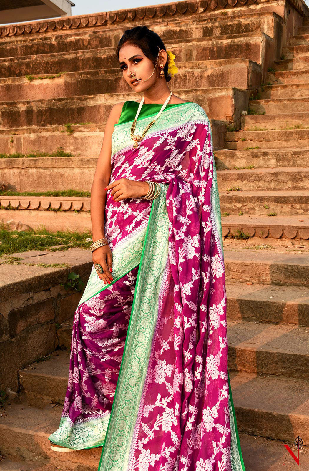Magenta & Green Pure Banarasi Khaddi Georgette Saree - Naksheband