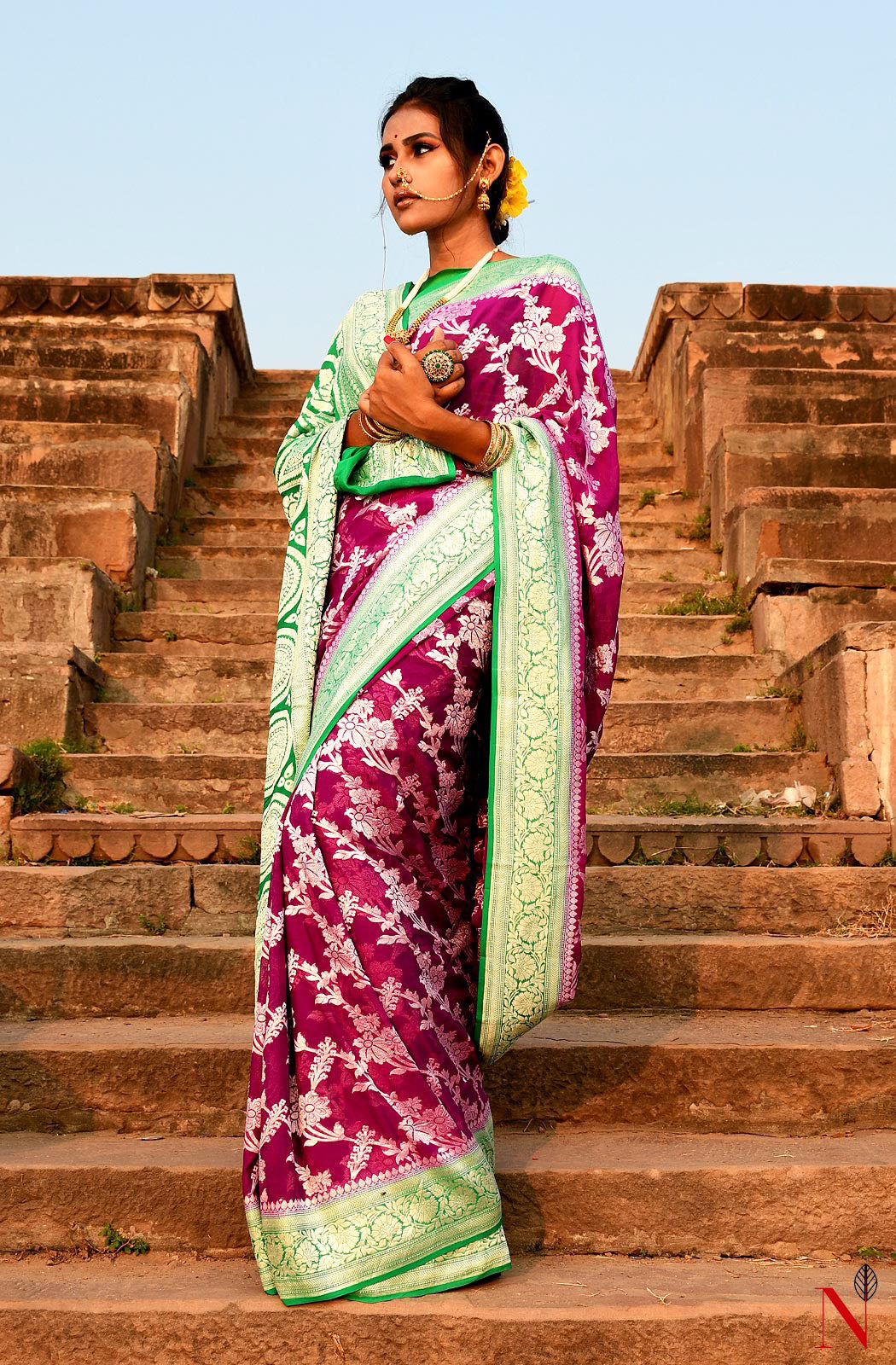 Magenta & Green Pure Banarasi Khaddi Georgette Saree