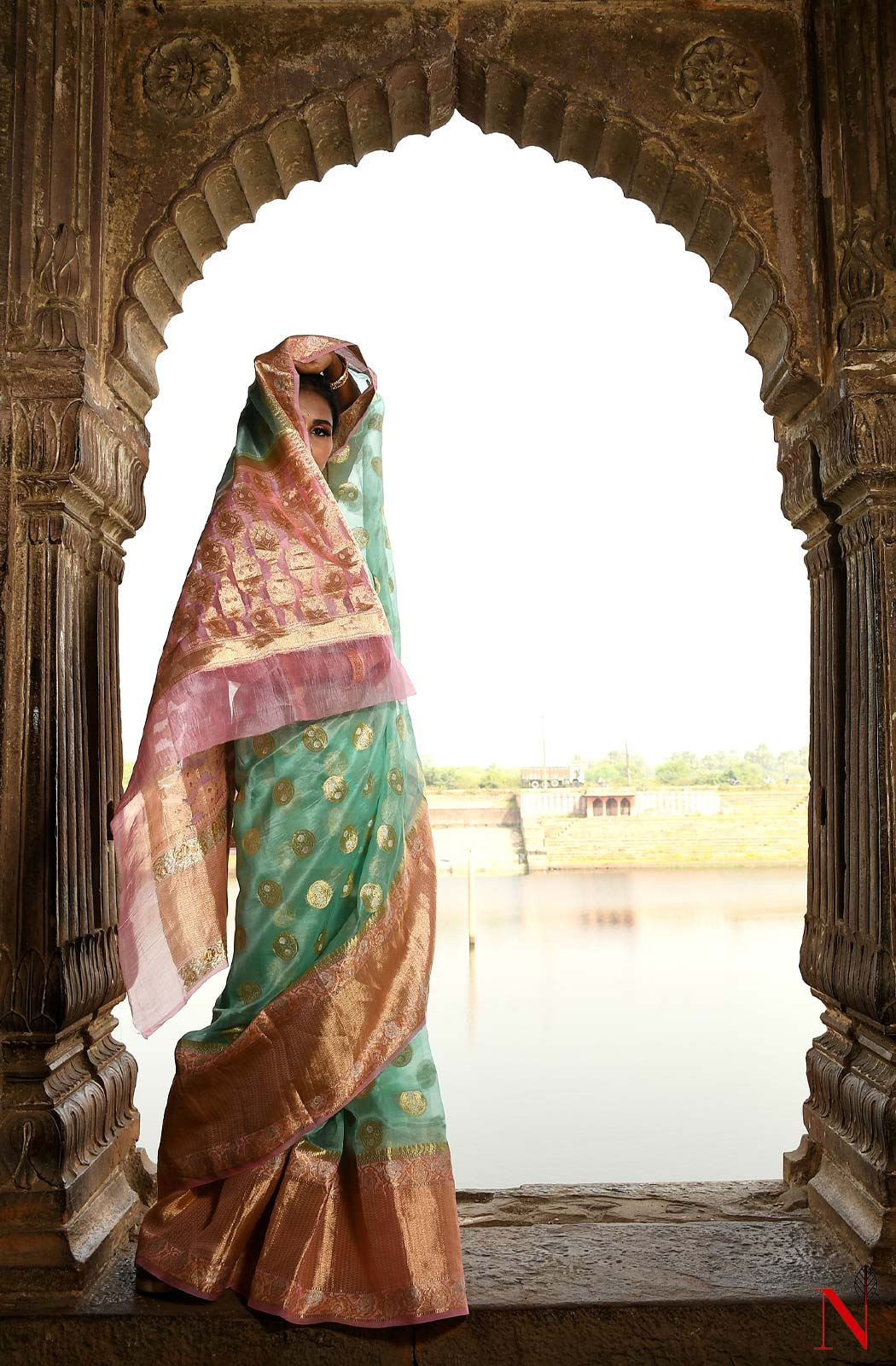 Sea Green & Pink Pure Banarasi Organza Saree - Naksheband