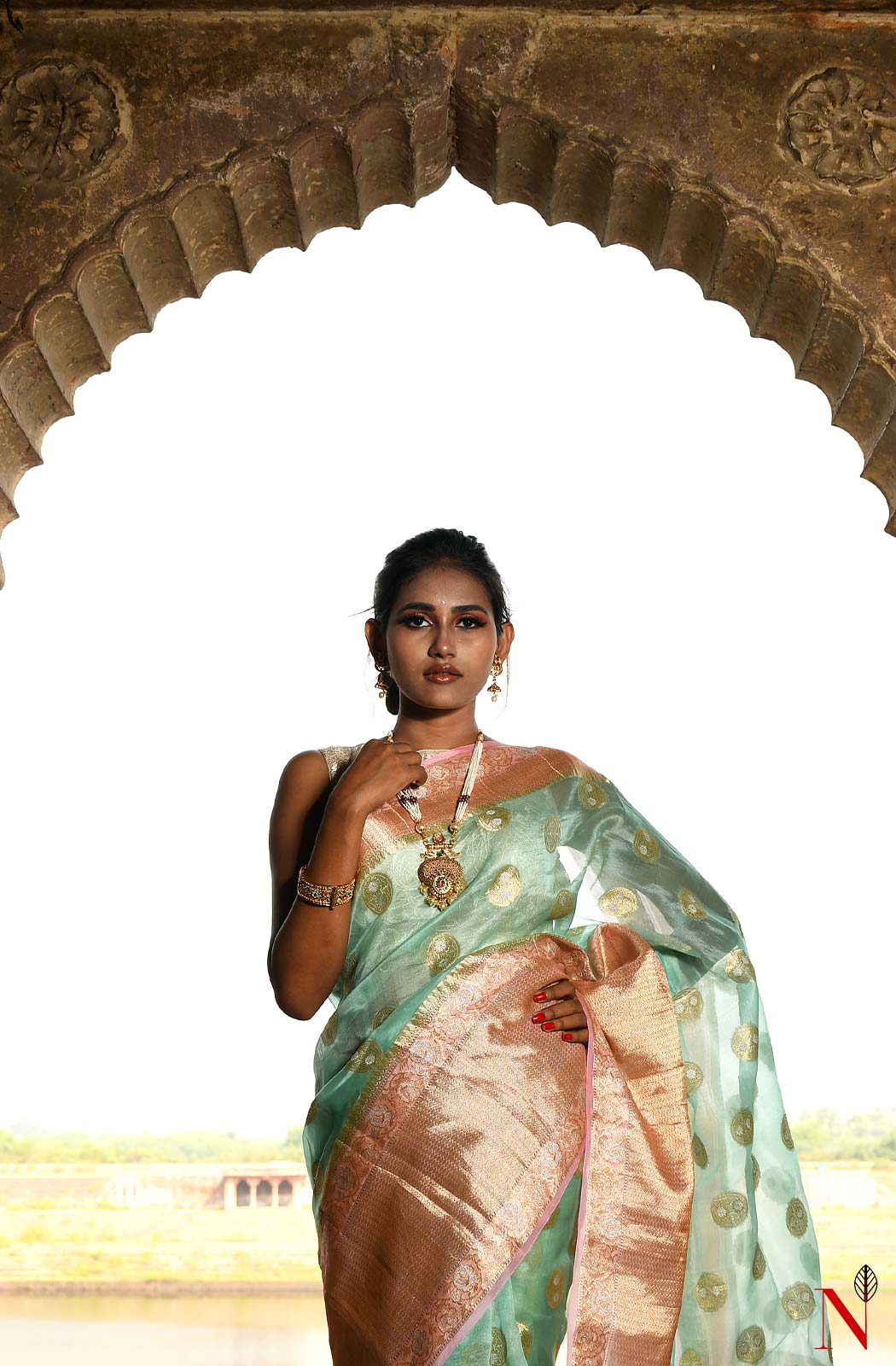 Sea Green & Pink Pure Banarasi Organza Saree